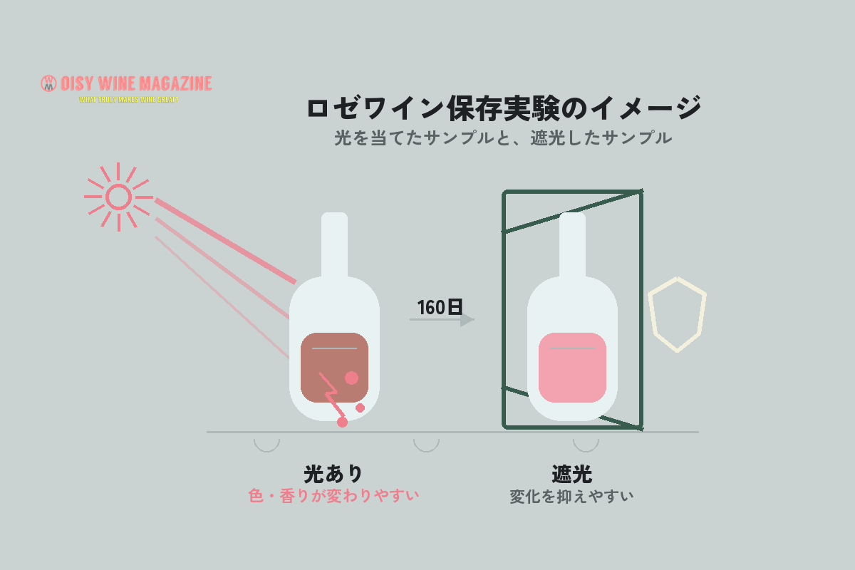 光を当てたロゼワインと遮光したロゼワインの保存実験を比較した図